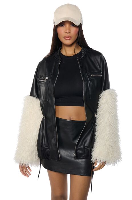 A LITTLE BIT MORE PU JACKET WITH FAUX FUR SLEEVES AND CINCHED WAIST DETAILING IN BLACK