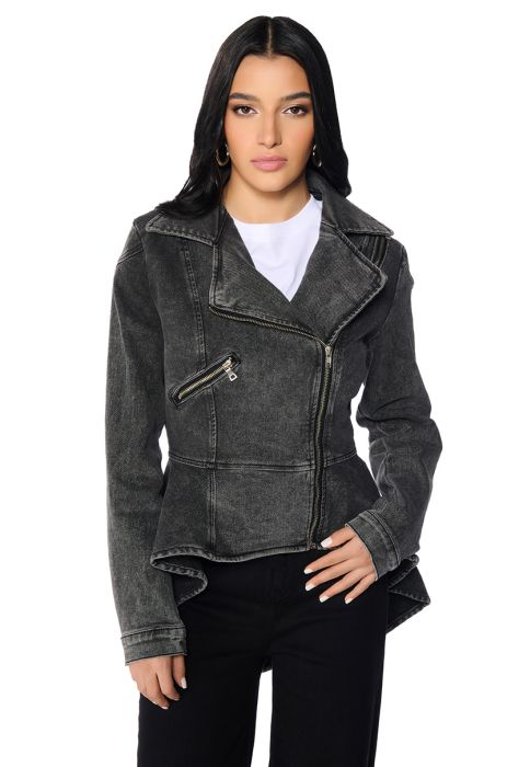 ABOUT THAT TIME DENIM PEPLUM MOTO JACKET IN CHARCOAL