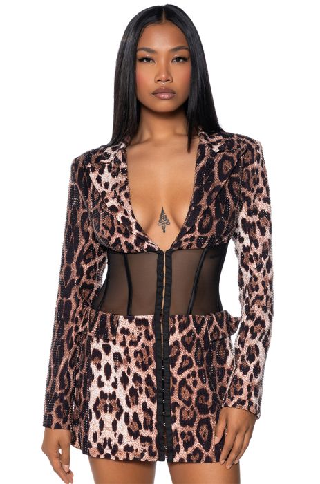 ADVENTUROUS EMBELLISHED CHEETAH CORSET BLAZER in brown