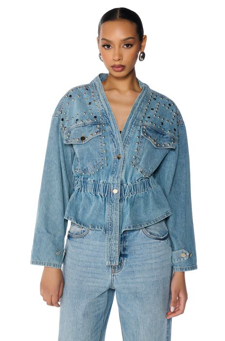 ALL THE RAGE STUDDED DENIM CINCHED JACKET