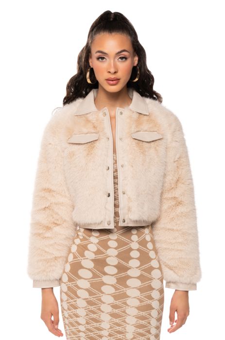 ANITA FAUX FUR MOTO JACKET in beige