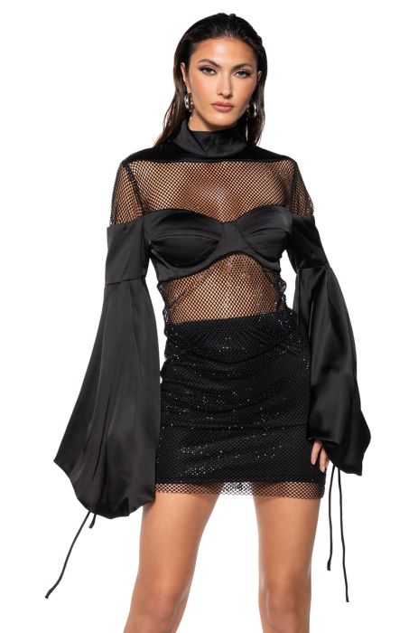 ASHLEY SATIN RHINESTONE MESH MINI DRESS in black