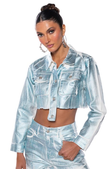 AUBREY BRUSHED METALLIC CROPPED DENIM JACKET in blue