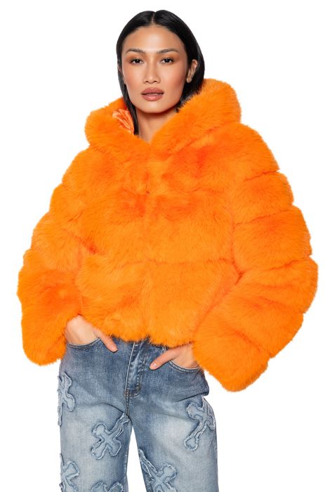 AVI FAUX FOX FUR COAT IN ORANGE