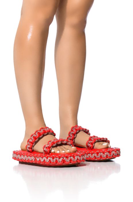 AZALEA WANG ALL DAY EMBELLISHED WOVEN FLATFORM SANDAL IN RED