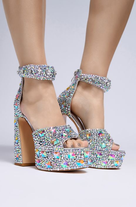 AZALEA WANG AMORIE MULTI EMBELLISHED PLATFORM SANDAL IN SILVER