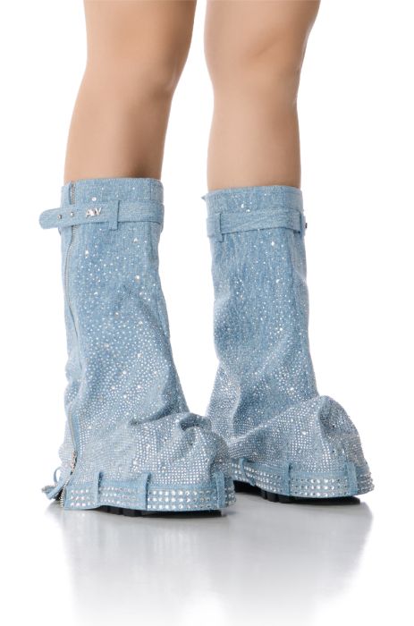 AZALEA WANG ANGELA RHINESTONED DENIM FLAT BOOTIE