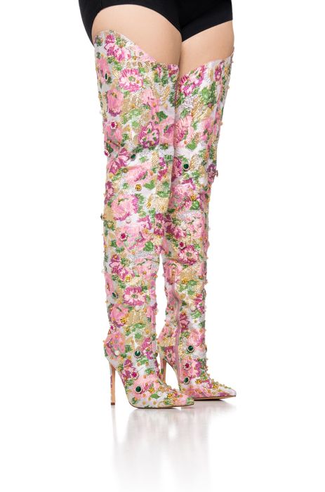 AZALEA WANG ARTISTES BROCADE EMBELLISHED BOOT IN PINK