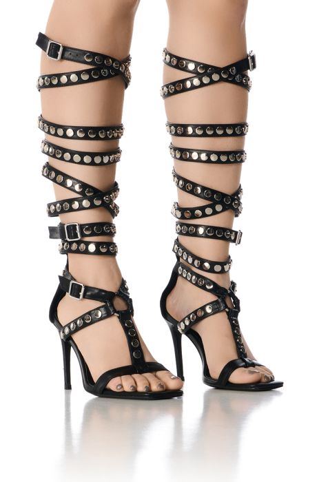 AZALEA WANG AUDACIOUS BLACK SILVER STUD GLADIATOR SANDAL