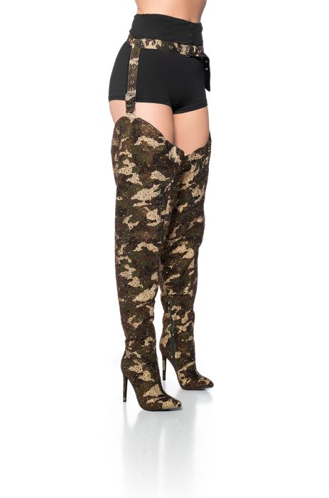 AZALEA WANG BATULA EMBELLISHED BELTED CHAP BOOT IN CAMO