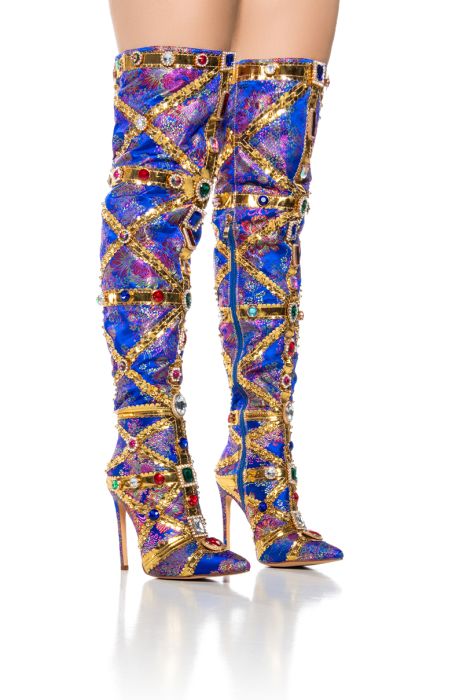 AZALEA WANG BERKLEY EMBELLISHED BROCADE THIGH HIGH BOOT IN BLUE