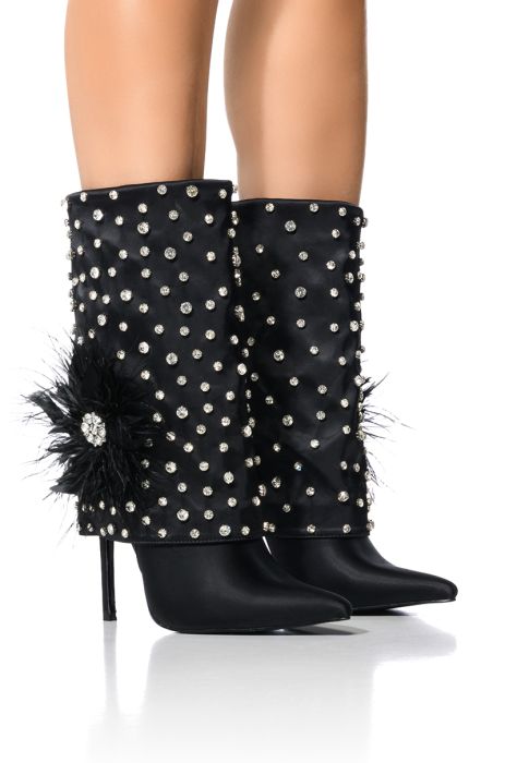 AZALEA WANG BLAISE BLACK DIAMOND STUDDED BOOT WITH FLOWER DETAIL IN BLACK