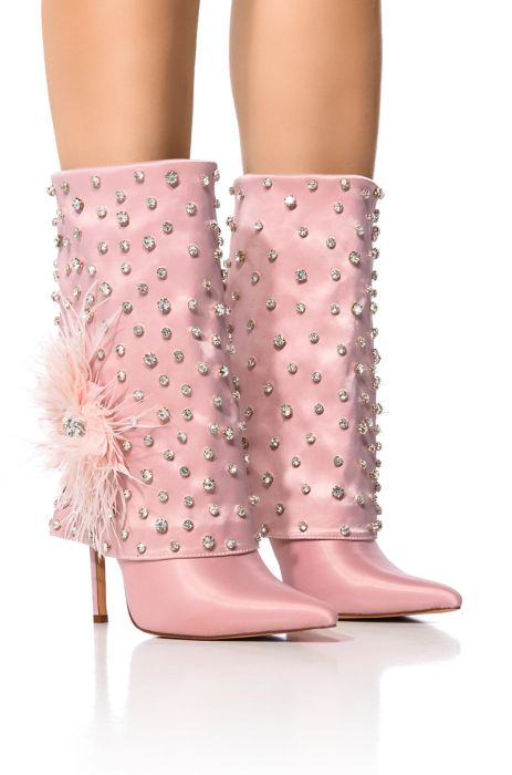 AZALEA WANG BLAISE PINK DIAMOND STUDDED BOOT WITH FLOWER DETAIL IN PINK