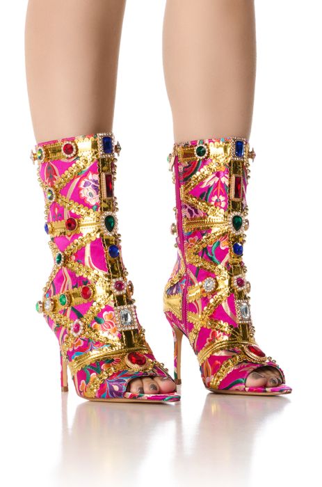 AZALEA WANG BRISTOW BROCADE EMBELLISHED OPEN TOE BOOTIE IN PINK