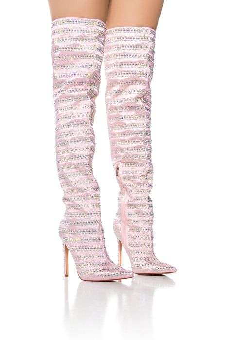 AZALEA WANG CLEARWATER RHINESTONE STRIPED SATIN BOOT IN BABY PINK