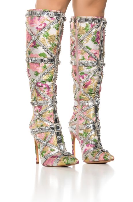 AZALEA WANG CONFIDENT BABY PINK BROCADE EMBELLISHED BOOT