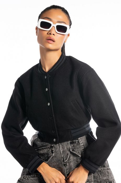 AZALEA WANG EVERYDAY CROPPED VARSITY BOMBER IN BLACK