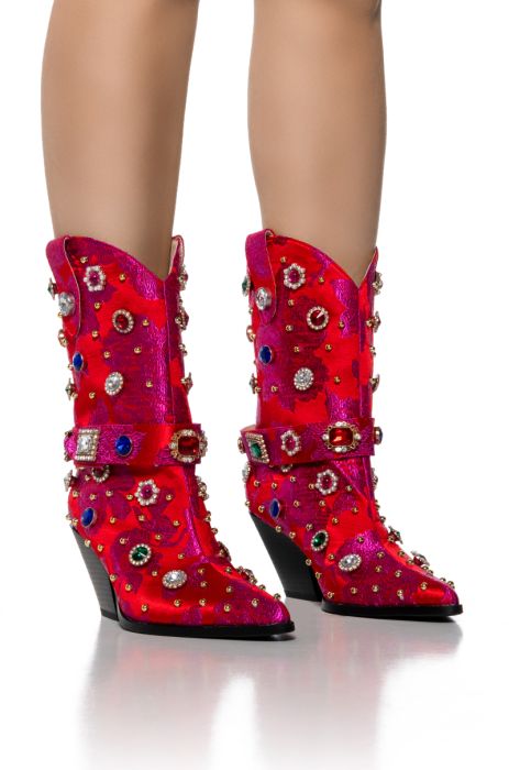 AZALEA WANG DILIGENT RED BROCADE AND GEMS WESTERN BOOTIE