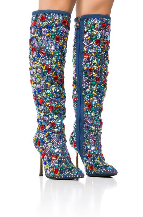 AZALEA WANG EMBER RHINESTONE DENIM STILETTO BOOT IN MULTI