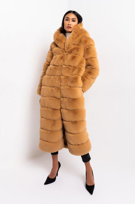 AZALEA WANG FAUX FUR PANEL HOODED TRENCH IN CAMEL