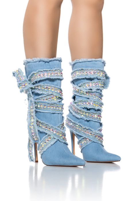 AZALEA WANG FINLAY DENIM BOOTIE WITH RHINESTONE WRAP