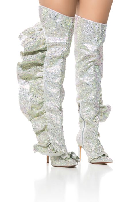 AZALEA WANG FLAUTIST SILVER RUFFLE RHINESTONE BOOT