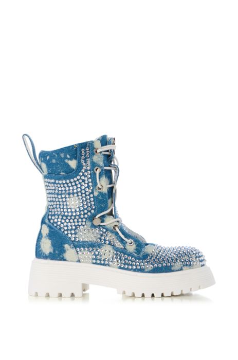 AZALEA WANG HARLYN DENIM AND DIAMONDS COMBAT BOOTIE