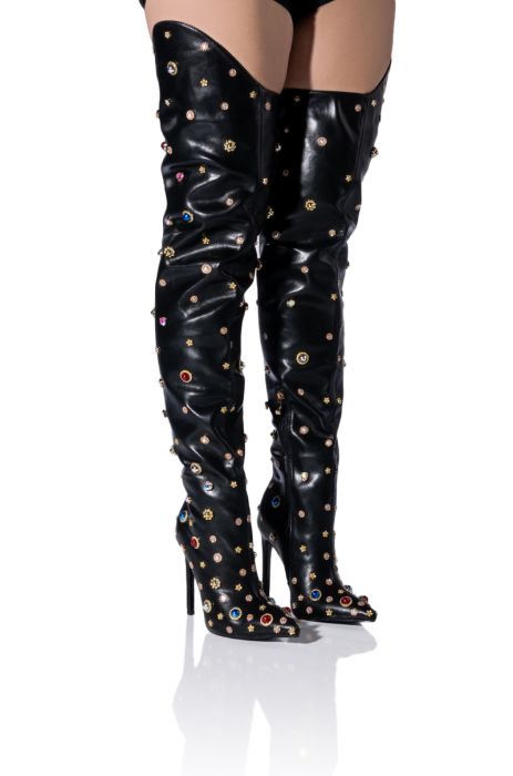 AZALEA WANG HER MAJESTY EMBELLISHED ABOVE THE KNEE BOOT IN BLACK