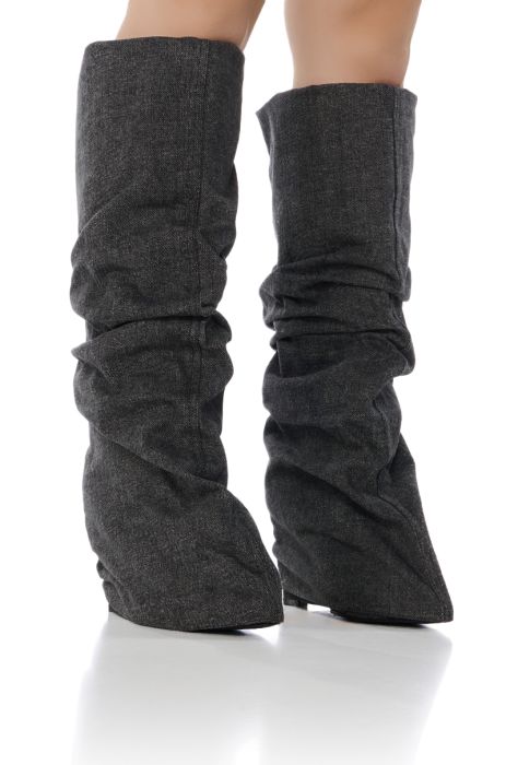 AZALEA WANG KYLIAN DENIM WEDGE BOOT IN DARK DENIM