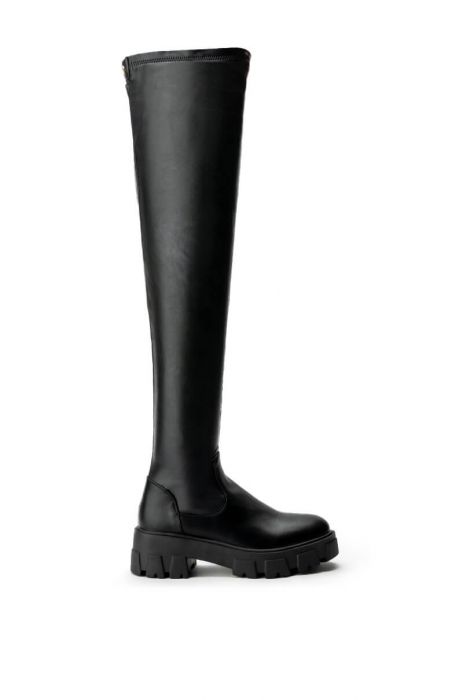 AZALEA WANG LATE NIGHTS OVER THE KNEE FLATFORM BOOT WITH 4 WAY STRETCH IN BLACK