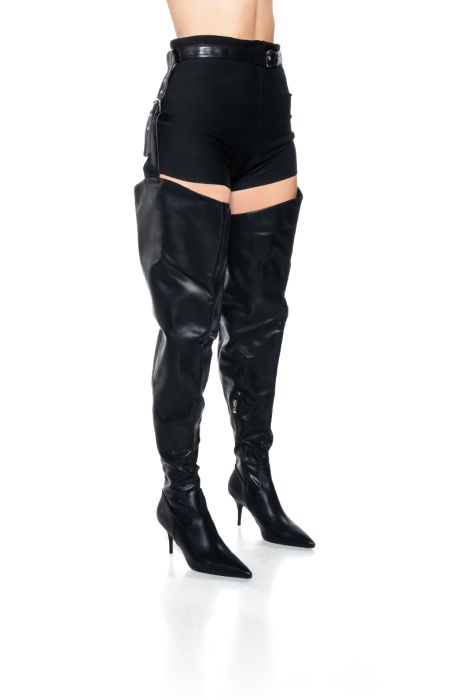 AZALEA WANG LEWANNA THIGH HIGH BELTED CHAP BOOT IN BLACK