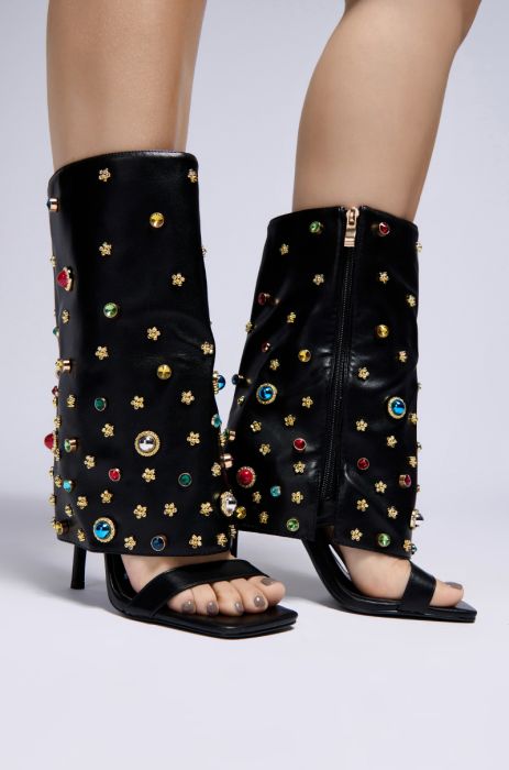 AZALEA WANG MITSUE BLACK EMBELLISHED FOLD OVER OPEN TOE SANDAL BOOT