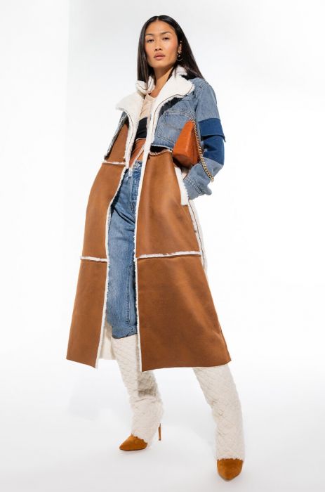 AZALEA WANG MIX IT UP FAUX SUEDE SHEARLING TRENCH WITH DENIM CROP