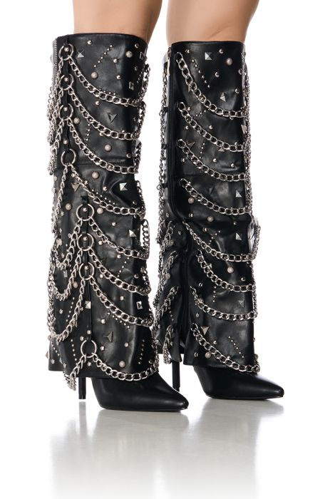 AZALEA WANG NORSE BLACK EMBELLISHED HARDWARE FOLD OVER BOOT