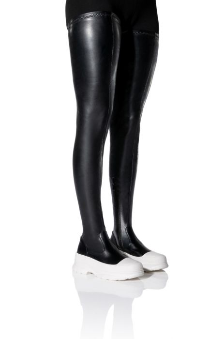 AZALEA WANG OH MY LOVE FAUX LEATHER THIGH HIGH FLATFORM SNEAKER BOOT WITH 4 WAY STRETCH IN BLACK