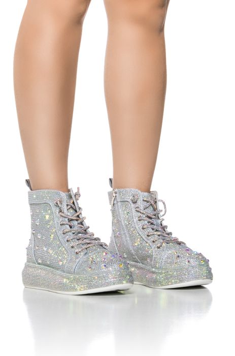 AZALEA WANG OTIS RHINESTONE HIGH TOP SNEAKER IN SILVER