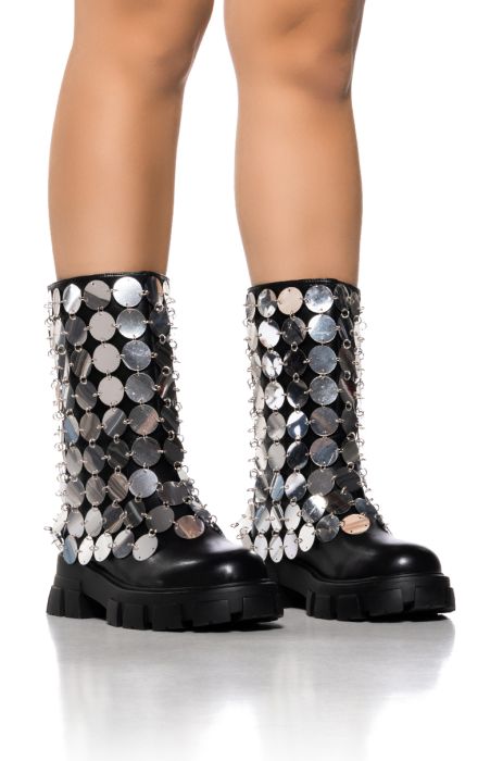 AZALEA WANG QUINNIE SILVER DISC EMBELLISHED BOOT IN BLACK