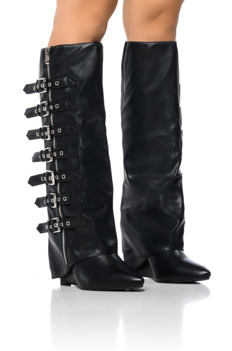 AZALEA WANG RENO BUCKLE DETAIL WEDGE BOOT IN BLACK