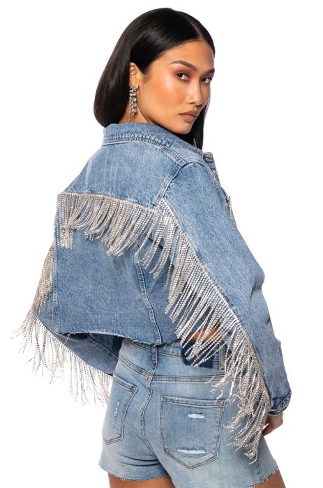 AZALEA WANG RHINESTONE COWBOY FRINGE DENIM JACKET in light blue denim