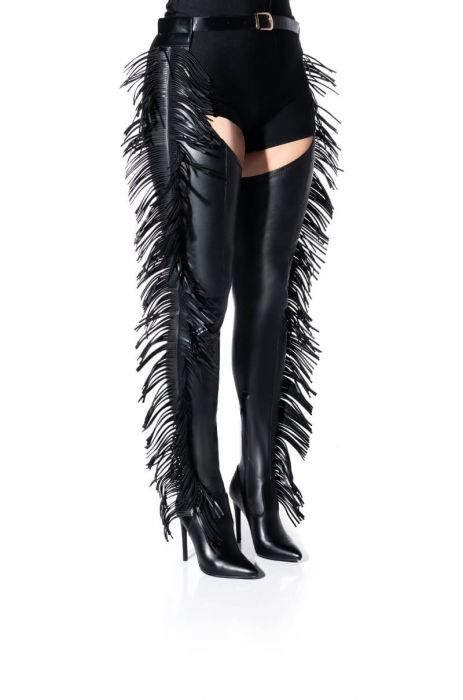 AZALEA WANG RIDE AT DAWN BELTED THIGH HIGH STILETTO FRINGE CHAP BOOT WITH 4 WAY STRETCH in black