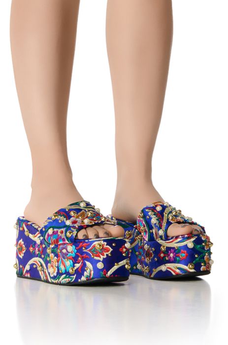 AZALEA WANG RUSSEL EMBELLISHED BROCADE PLATFORM SANDAL IN BLUE