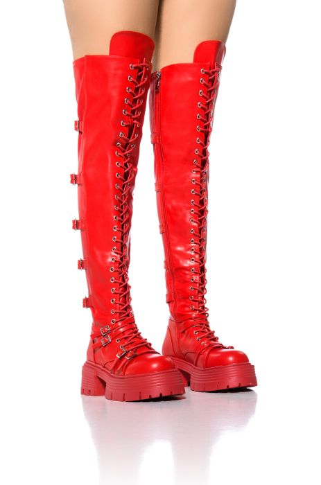 AZALEA WANG TAKE FIVE RED OVER THE KNEE LACE UP BOOT