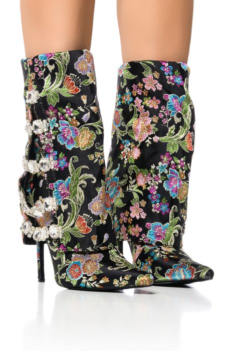 AZALEA WANG TILLEY MULTI FLOWER PRINT FOLD OVER BOOTIE IN BLACK