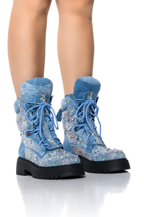 AZALEA WANG TRUFFLED DENIM EMBELLISHED COMBAT BOOTIE