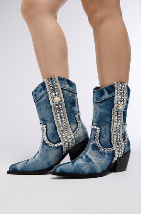 AZALEA WANG YANNIC DENIM RHINESTONE WESTERN BOOTIE