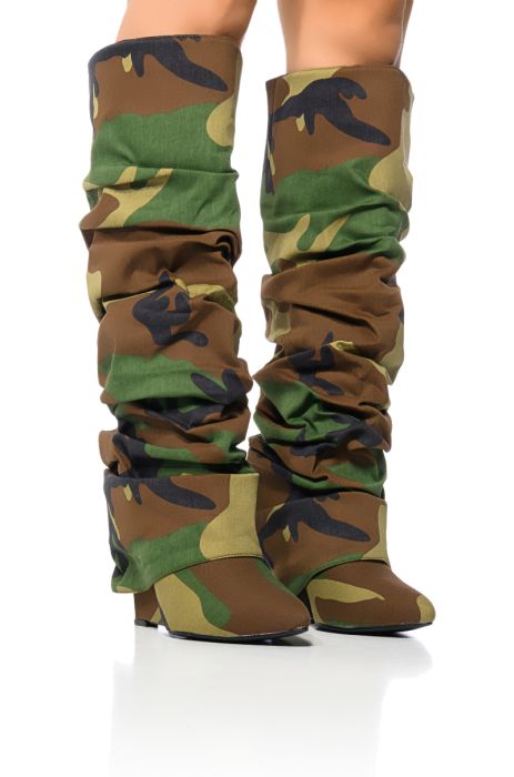 AZALEA WANG ZUMMA CAMO RUCHED WEDGE BOOT