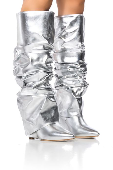 AZALEA WANG ZUMMA METALLIC RUCHED WEDGE BOOT IN SILVER