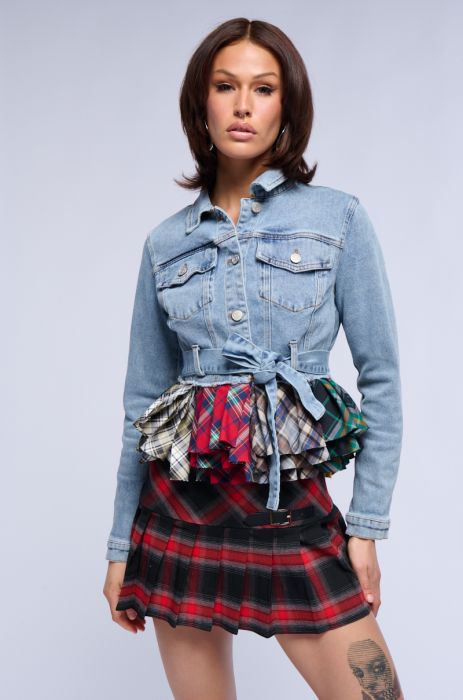 BABY GIRL PLAID PEPLUM DENIM JACKET IN DENIM