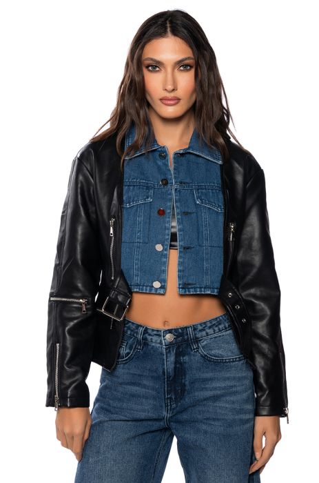 BEST OF BOTH WORLDS DENIM MOTO JACKET in black multi