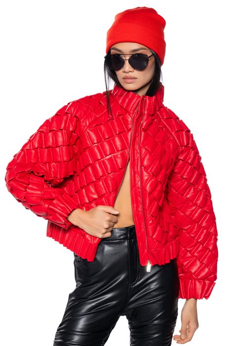 BIRTHDAY COLLECTION PU WOVEN PUFFER BOMBER IN RED